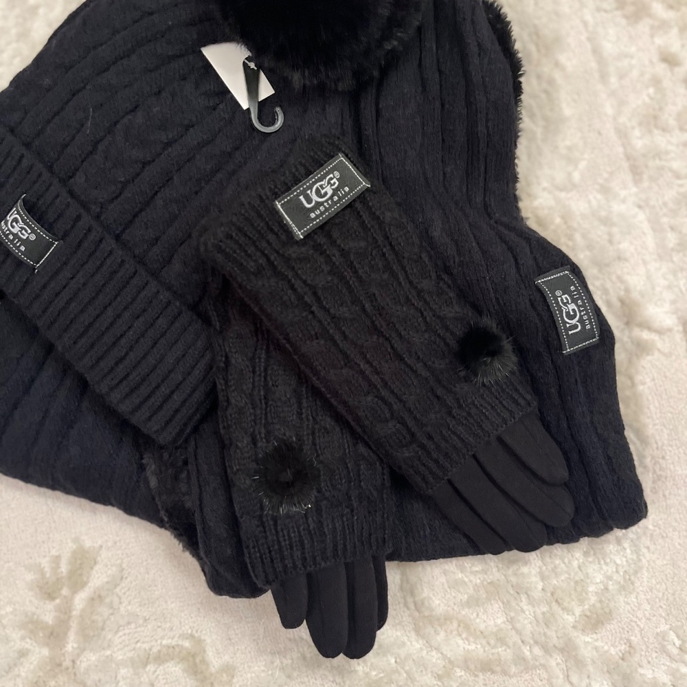 - UGG Winter Black Sweather weather pom pom hat& infinity scarf glove se… - Picture 5 of 9